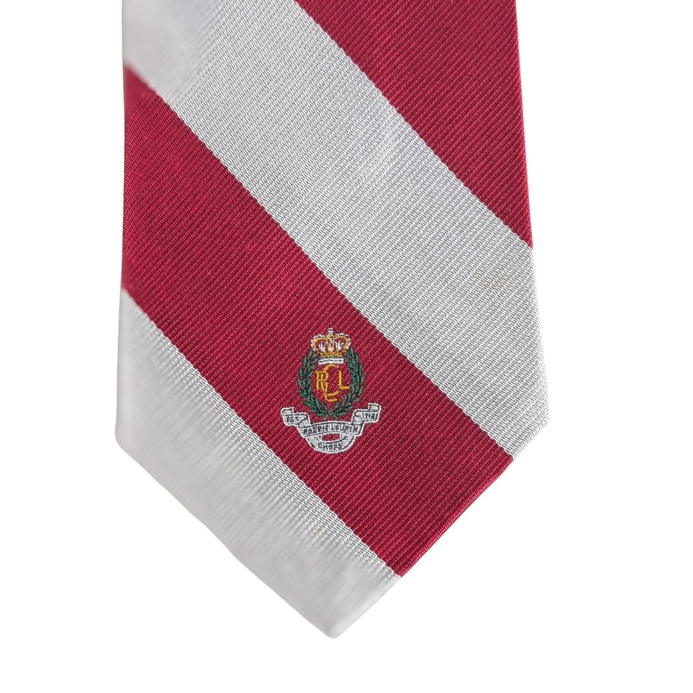VTG Chaps Ralph Lauren Mens Silk Necktie Red Silver Stripe Crest Preppy 56x3.25